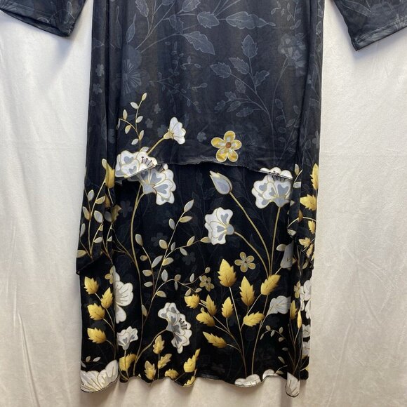 Women Layered 3/4 Sleeve Round Button Neck Kaftan Maxi Dress XL Black Floral - Picture 6 of 16